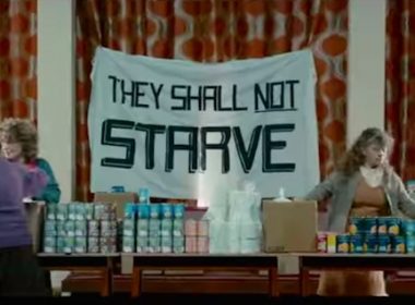 Screencapture from Pride with "They Shall Not Starve" banner.